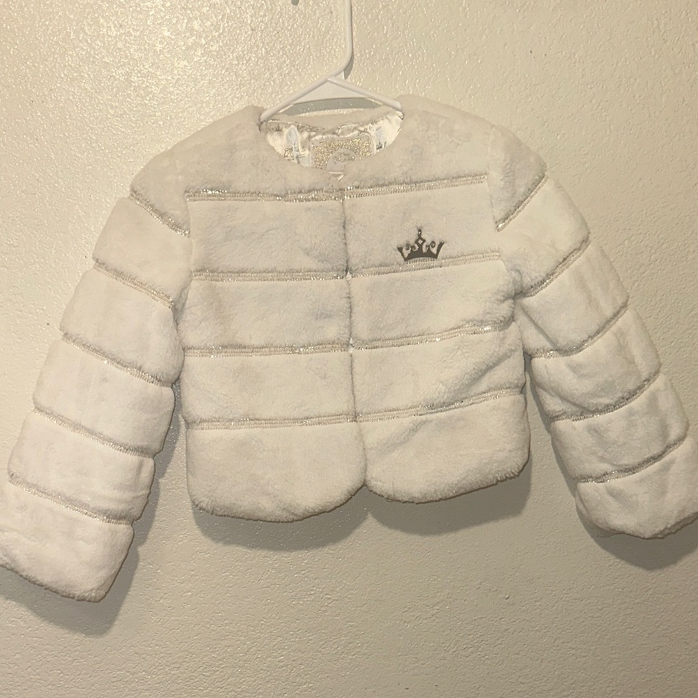 Size 5/6 Disney White Faux Fur Puffer Jacket with Crown Detail